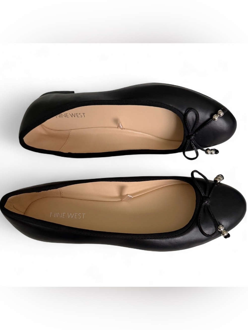 Nine West Black Bow Detail Ballet Flats with Silver Bead Trim. Size 10M